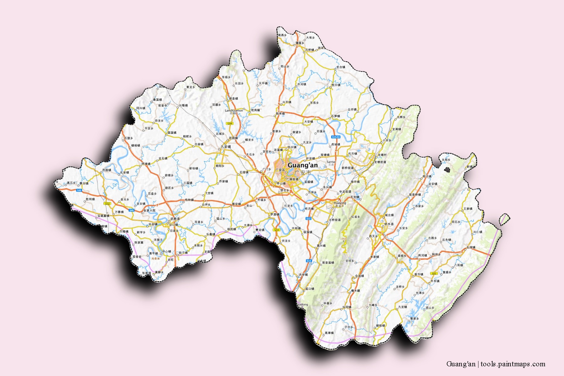 Guang'an neighborhoods and villages map with 3D shadow effect