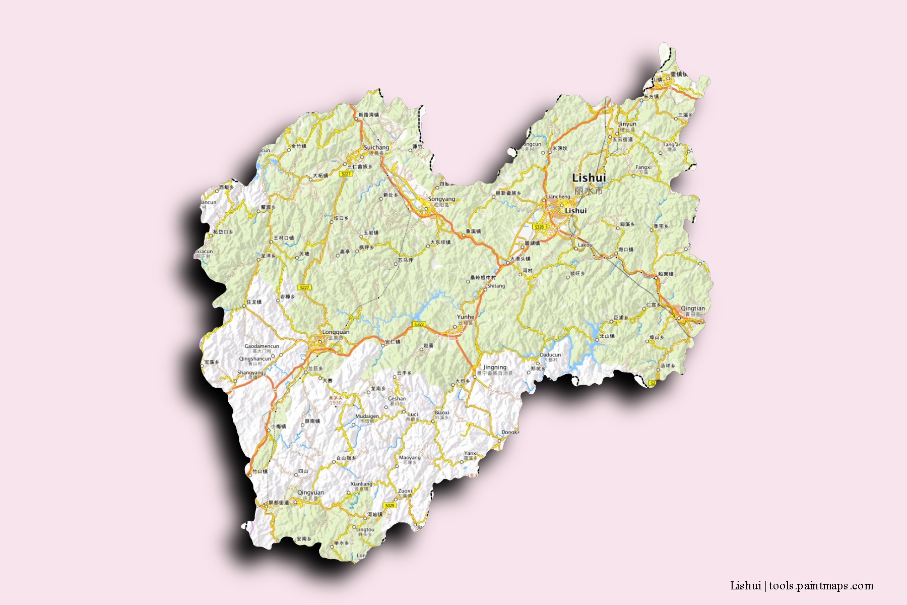 Mapa de barrios y pueblos de Lishui con efecto de sombra 3D