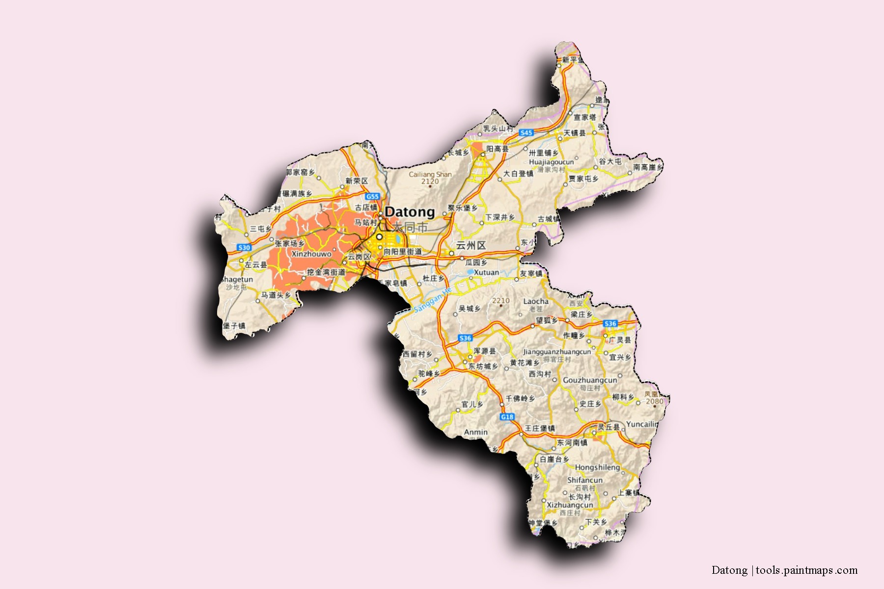 Datong neighborhoods and villages map with 3D shadow effect