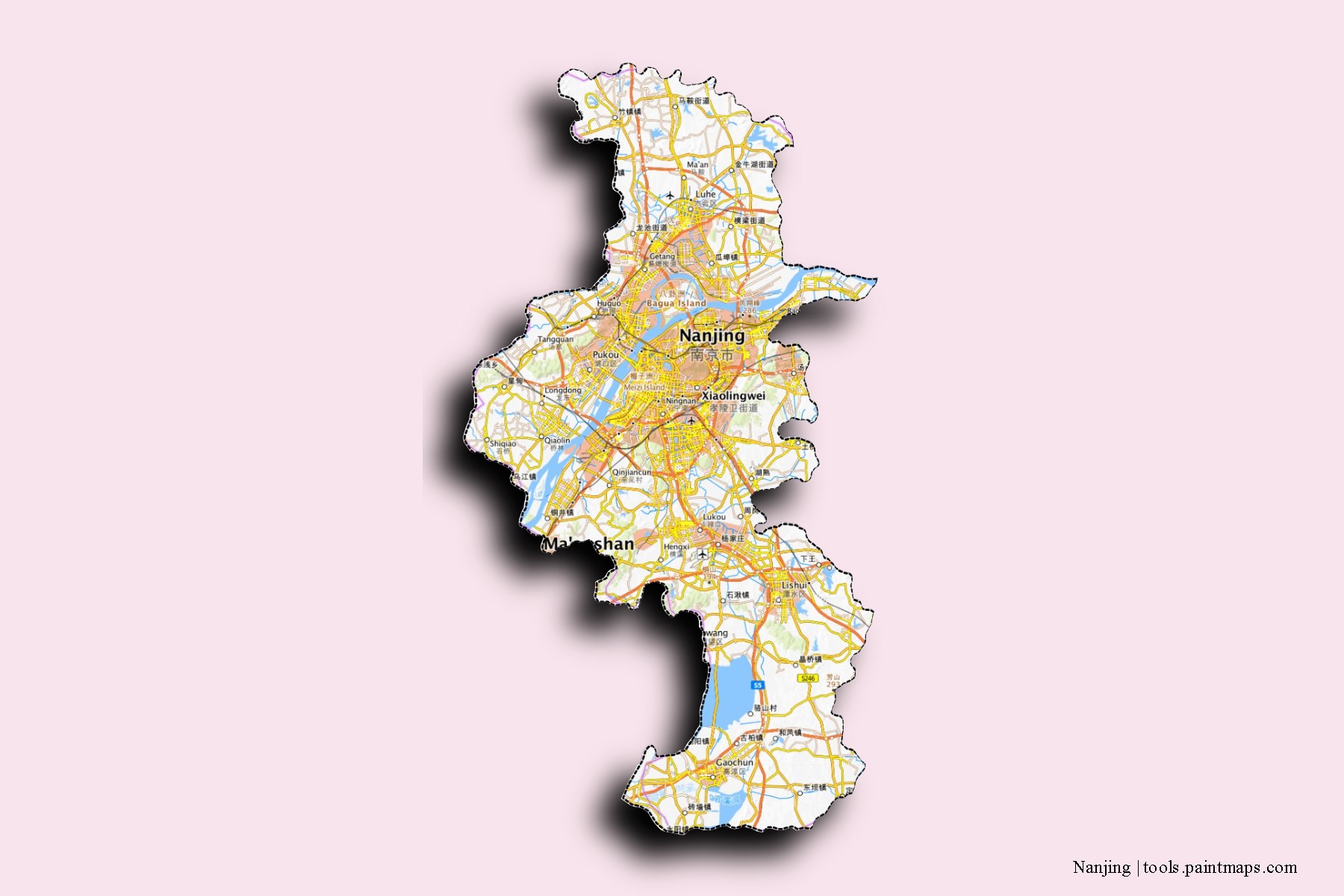 Mapa de barrios y pueblos de Nanjing con efecto de sombra 3D