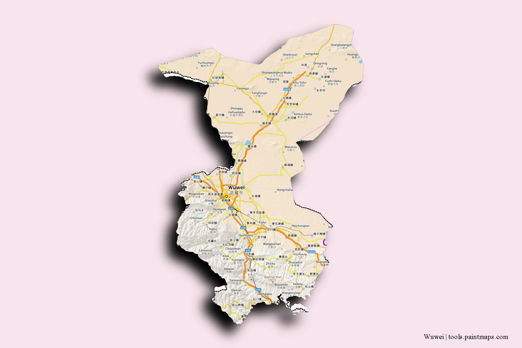 Mapa de barrios y pueblos de Wuwei con efecto de sombra 3D