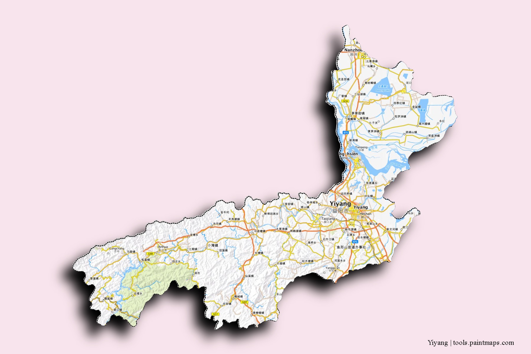 Mapa de barrios y pueblos de Yiyang con efecto de sombra 3D