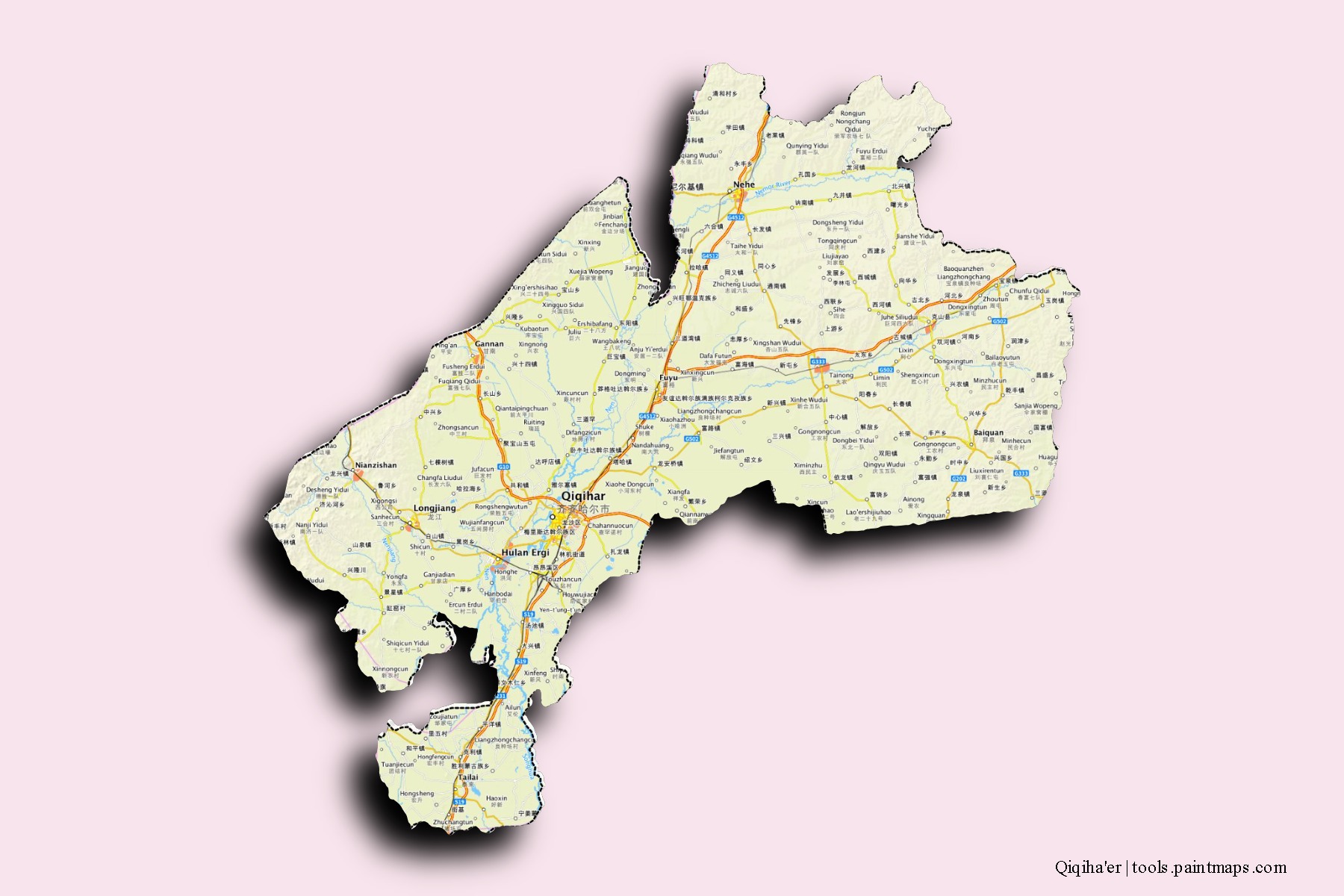 Mapa de barrios y pueblos de Qiqiha'er con efecto de sombra 3D