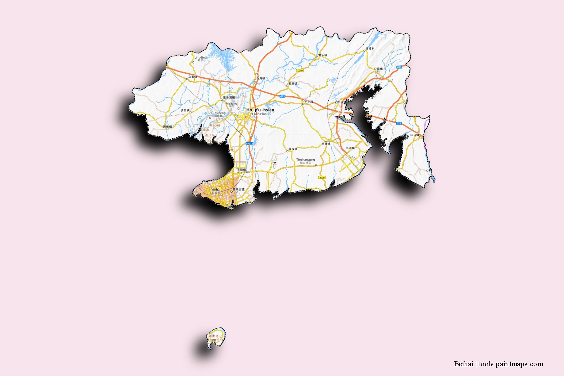 Mapa de barrios y pueblos de Beihai con efecto de sombra 3D