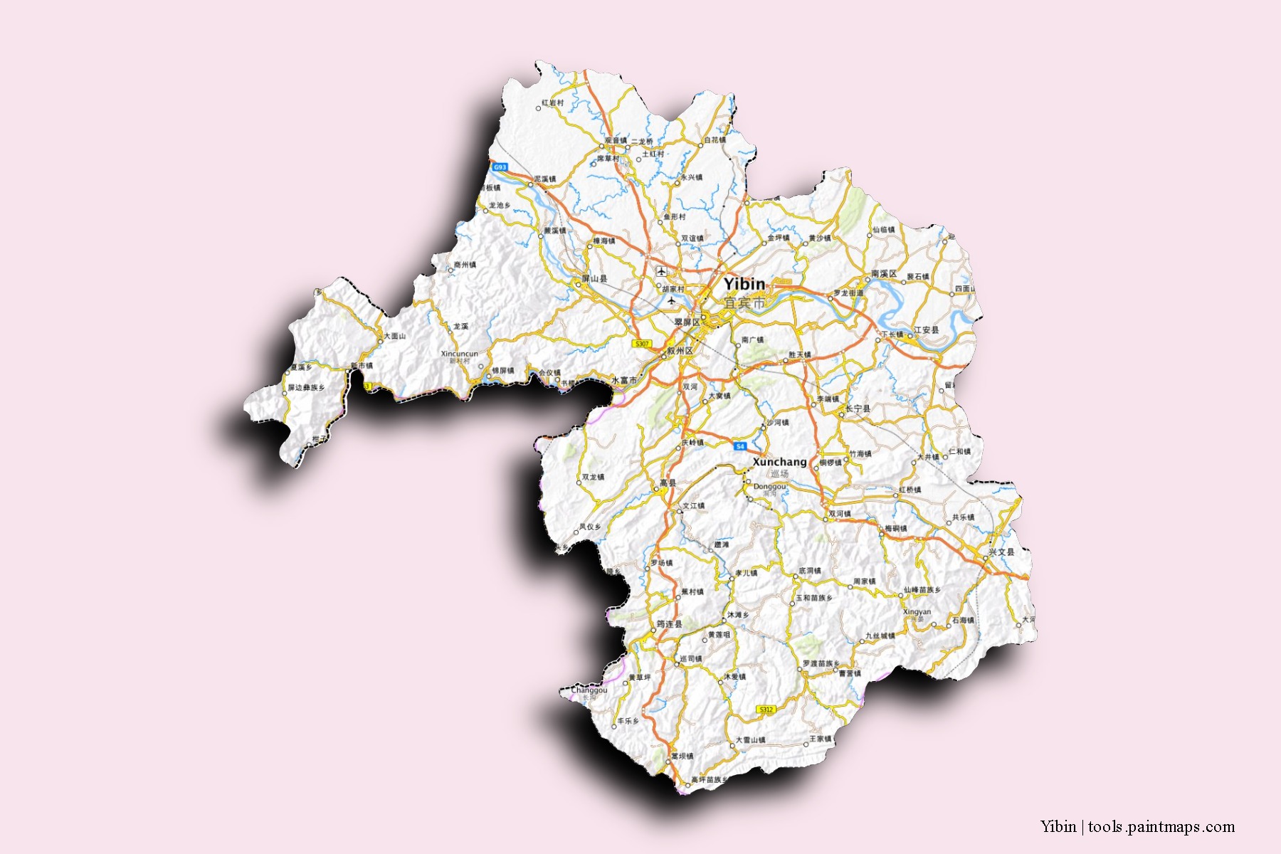 Mapa de barrios y pueblos de Yibin con efecto de sombra 3D