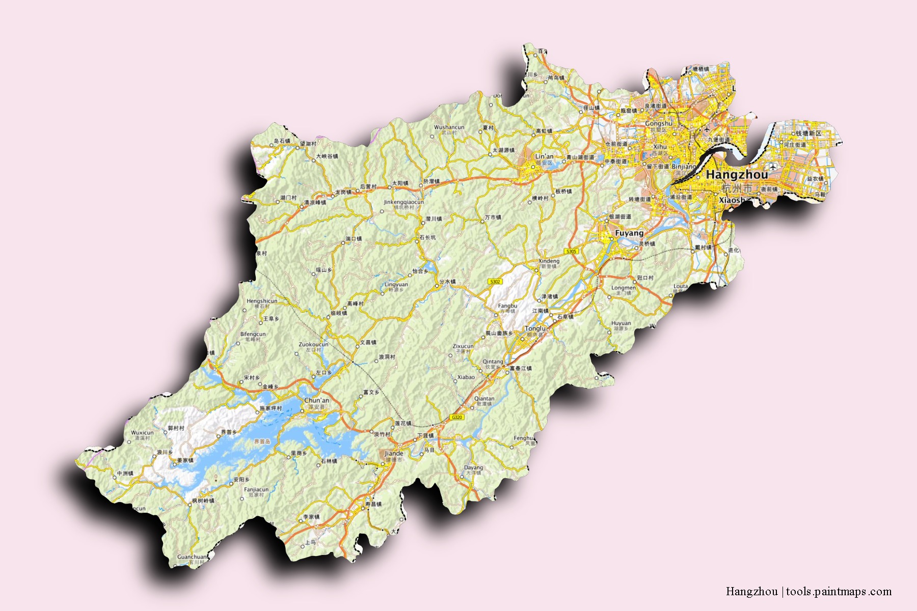 Mapa de barrios y pueblos de Hangzhou con efecto de sombra 3D