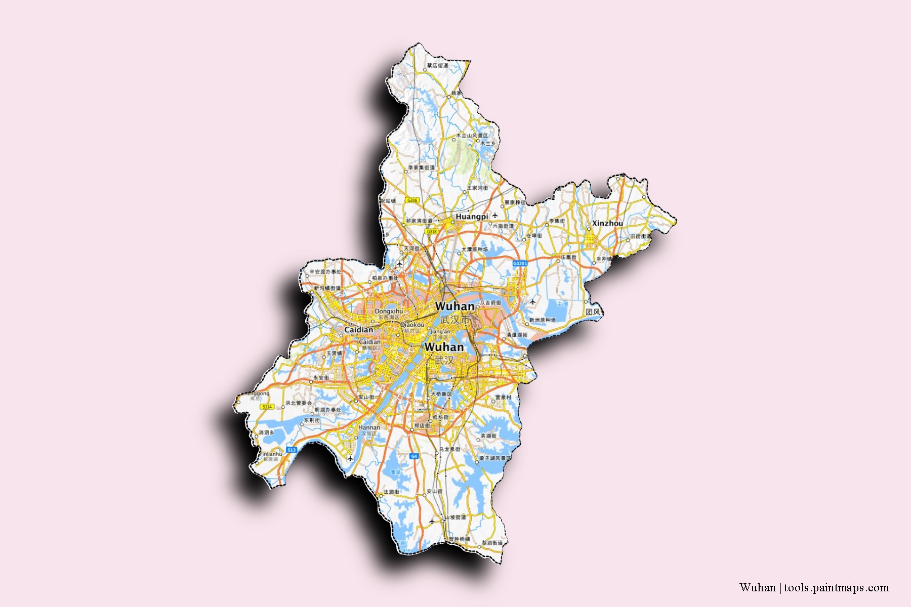 Wuhan neighborhoods and villages map with 3D shadow effect