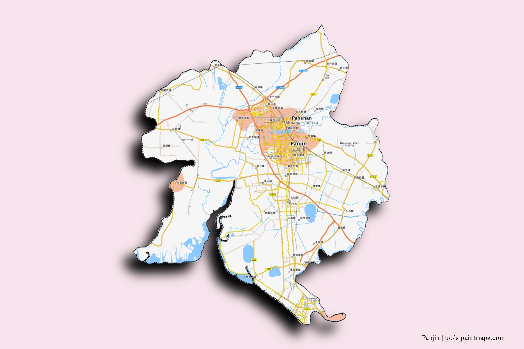 Mapa de barrios y pueblos de Panjin con efecto de sombra 3D