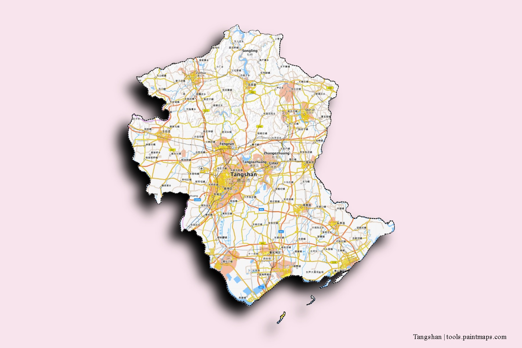 Mapa de barrios y pueblos de Tangshan con efecto de sombra 3D