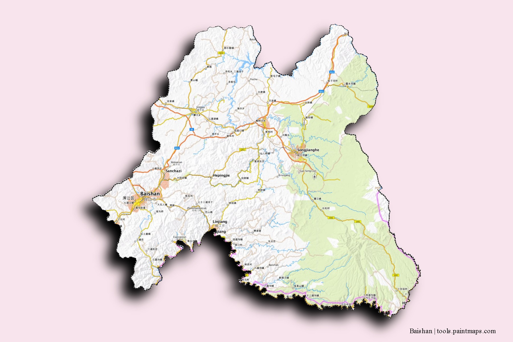 Mapa de barrios y pueblos de Baishan con efecto de sombra 3D