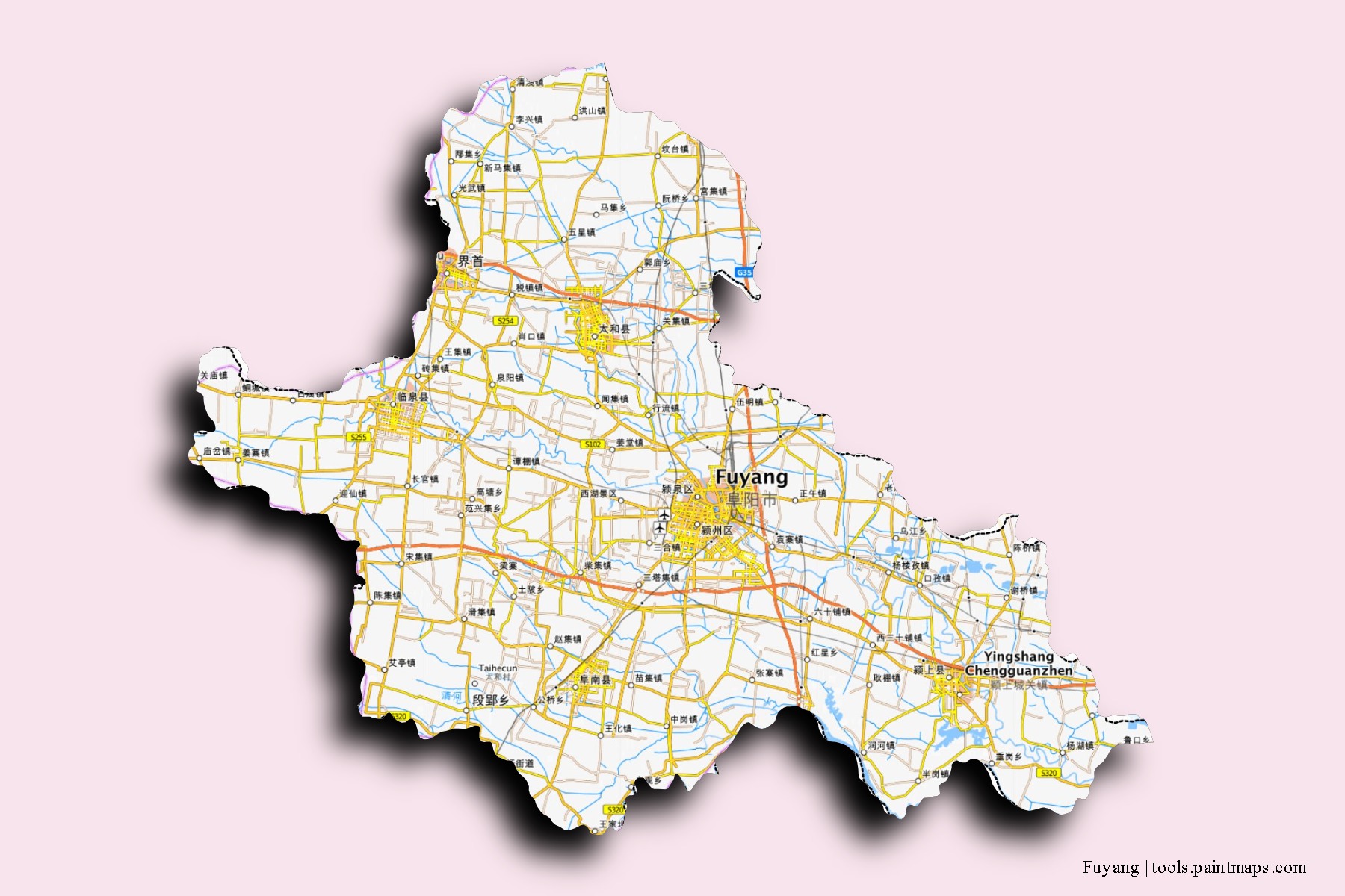 Mapa de barrios y pueblos de Fuyang con efecto de sombra 3D
