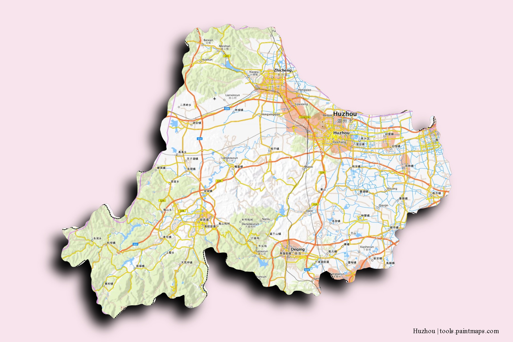 Mapa de barrios y pueblos de Huzhou con efecto de sombra 3D