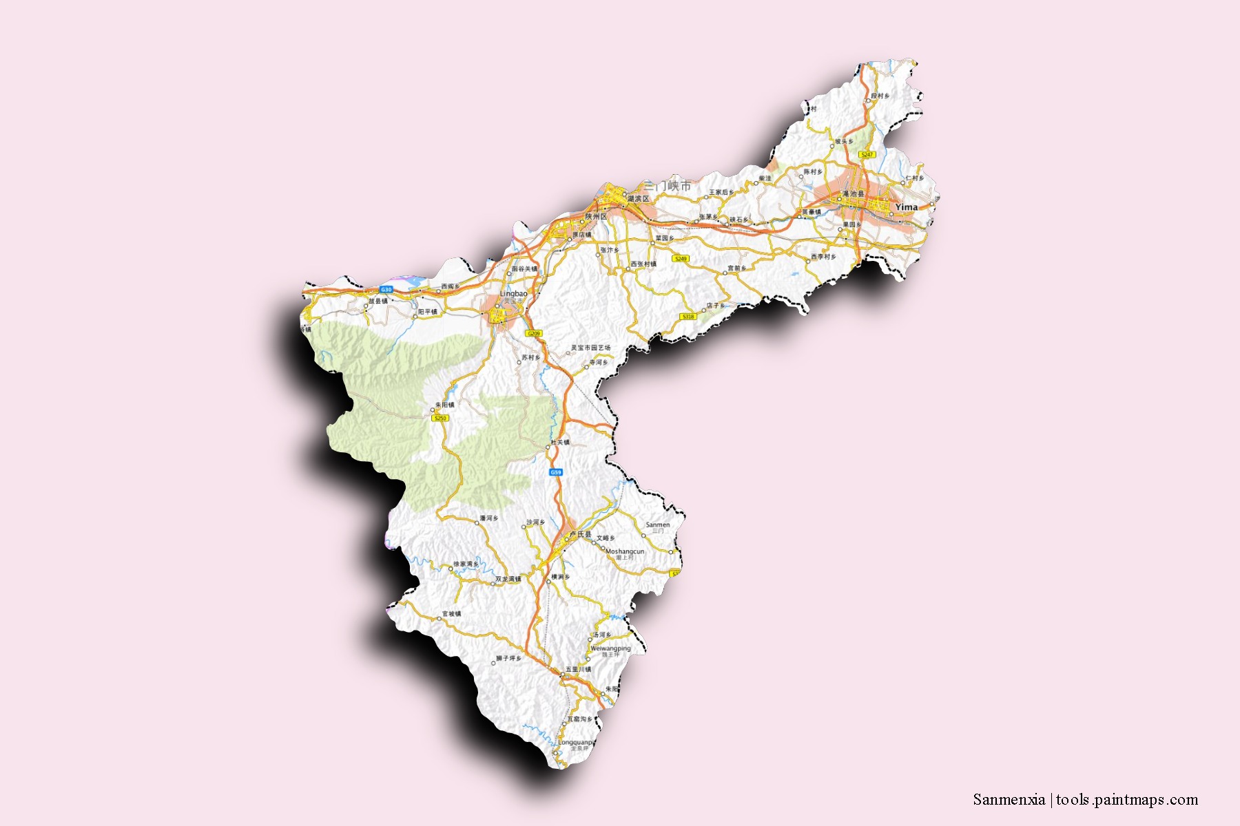3D gölge efektli Sanmenxia mahalleleri ve köyleri haritası
