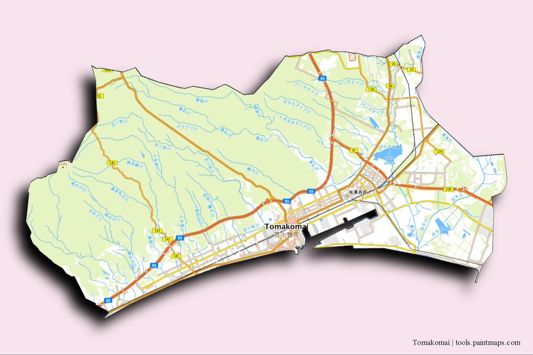 Mapa de barrios y pueblos de Tomakomai con efecto de sombra 3D