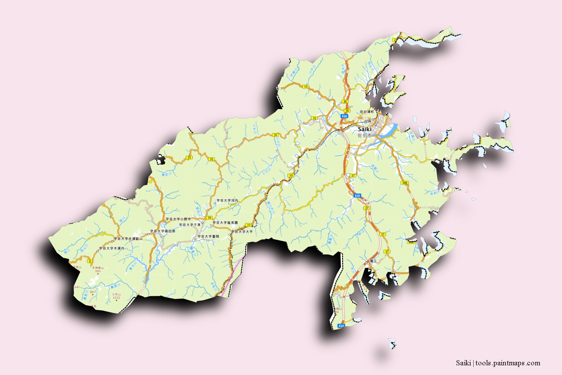 Mapa de barrios y pueblos de Saiki con efecto de sombra 3D