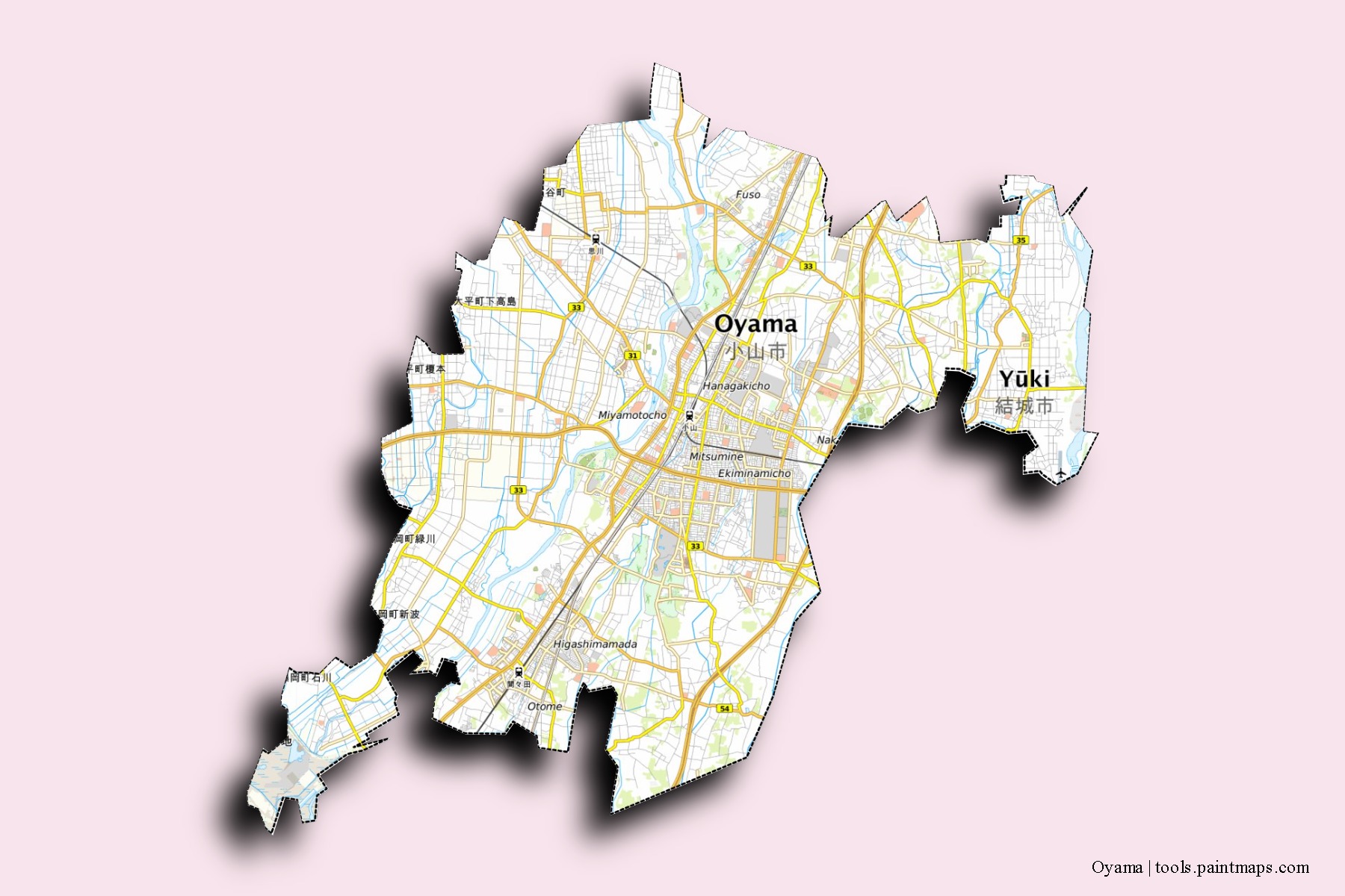 Mapa de barrios y pueblos de Oyama con efecto de sombra 3D
