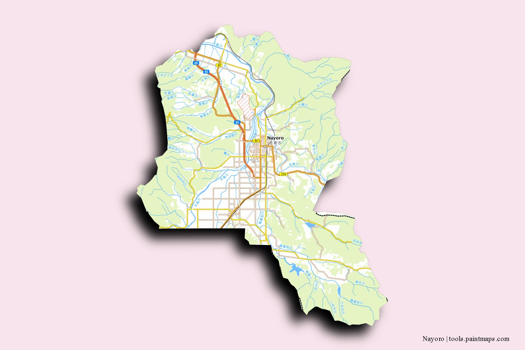 Nayoro neighborhoods and villages map with 3D shadow effect