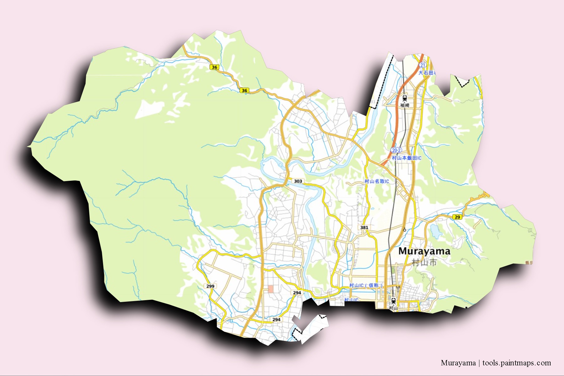 Murayama neighborhoods and villages map with 3D shadow effect