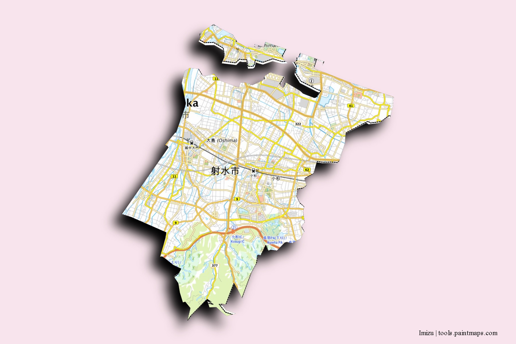 Mapa de barrios y pueblos de Imizu con efecto de sombra 3D