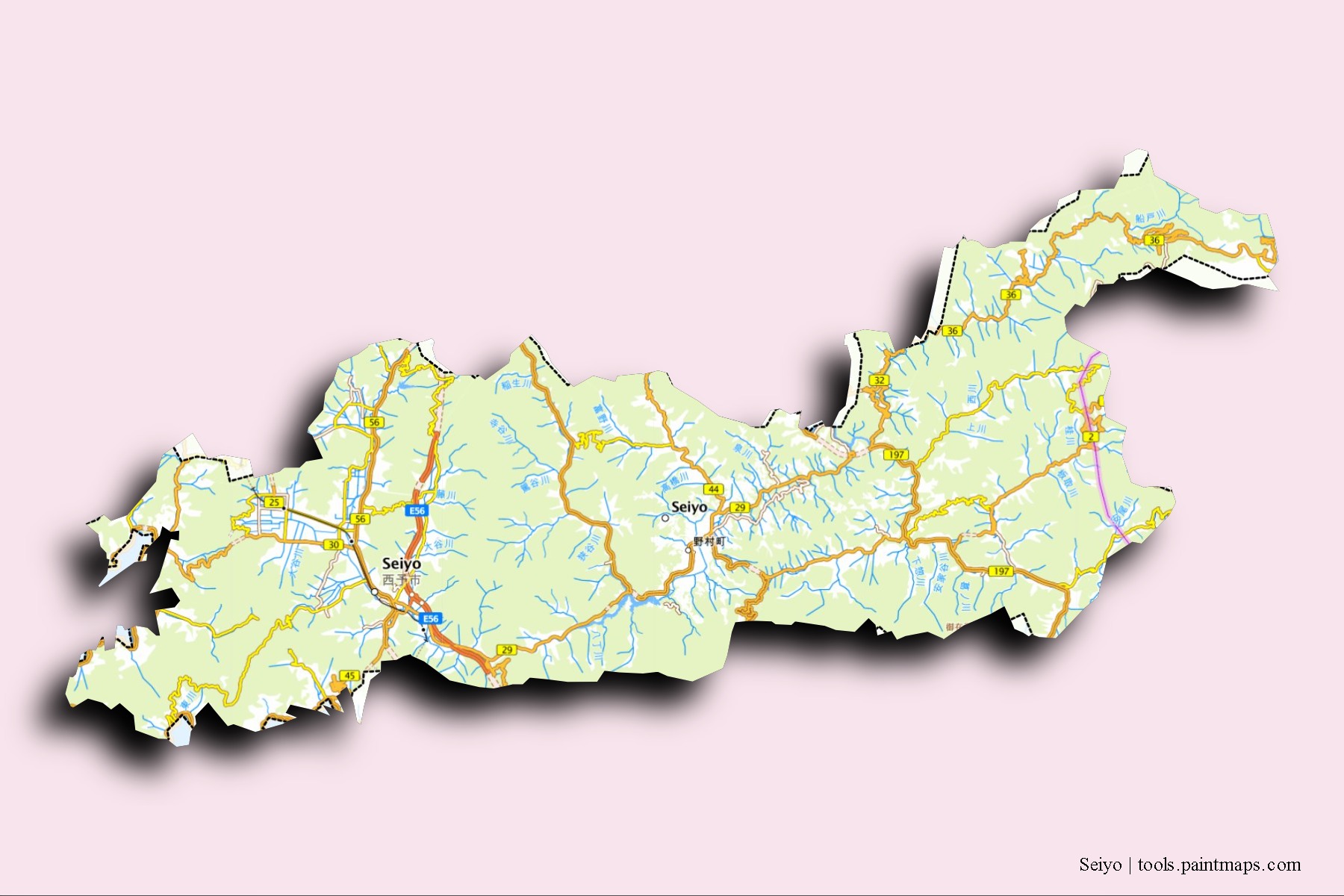 Seiyo neighborhoods and villages map with 3D shadow effect