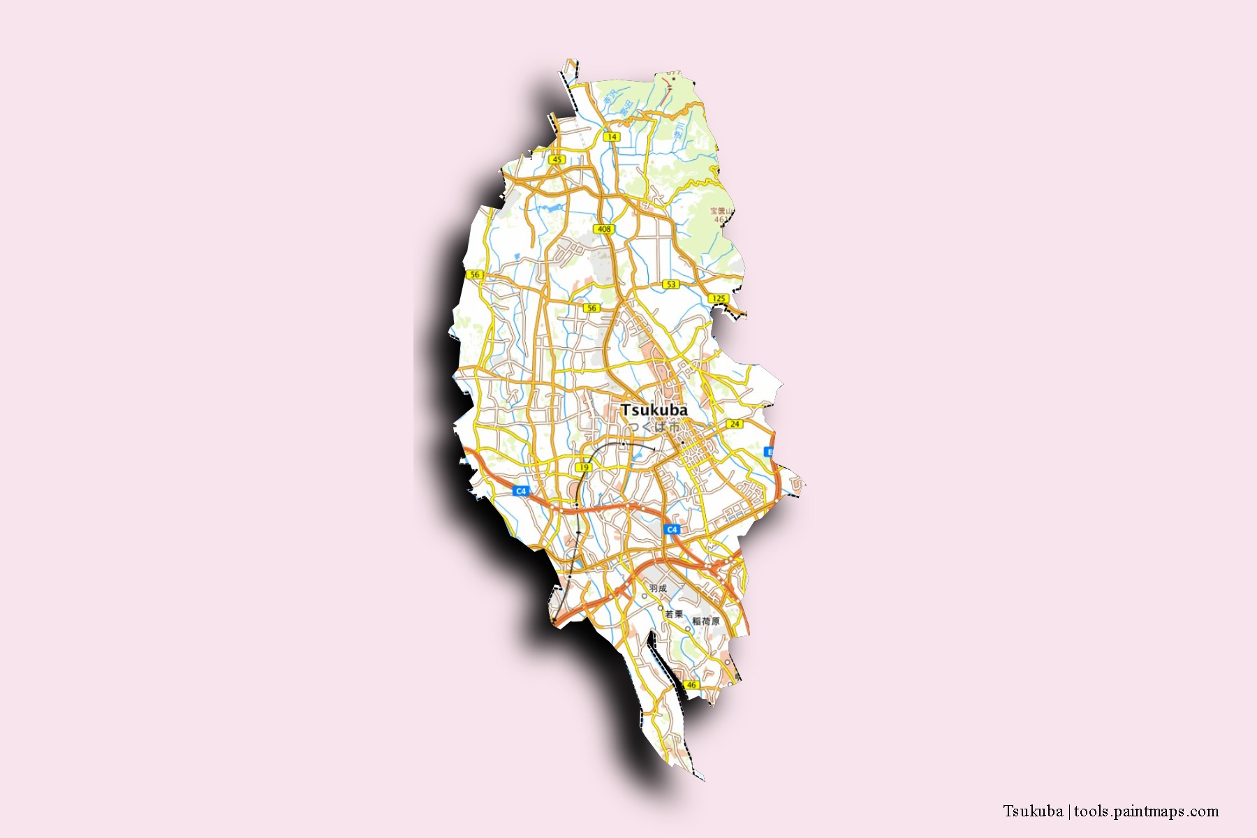 Mapa de barrios y pueblos de Tsukuba con efecto de sombra 3D