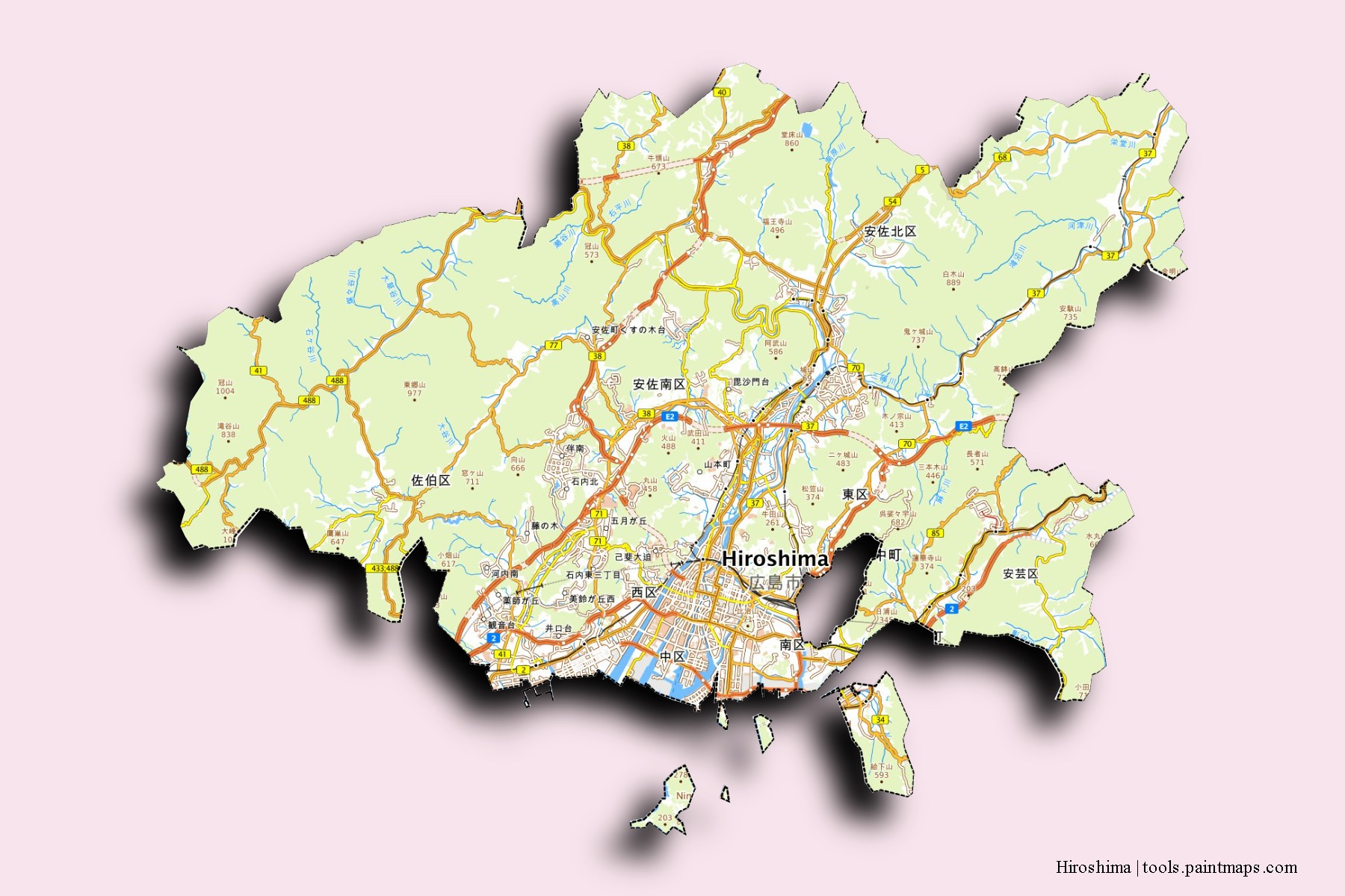 Mapa de barrios y pueblos de Hiroshima con efecto de sombra 3D