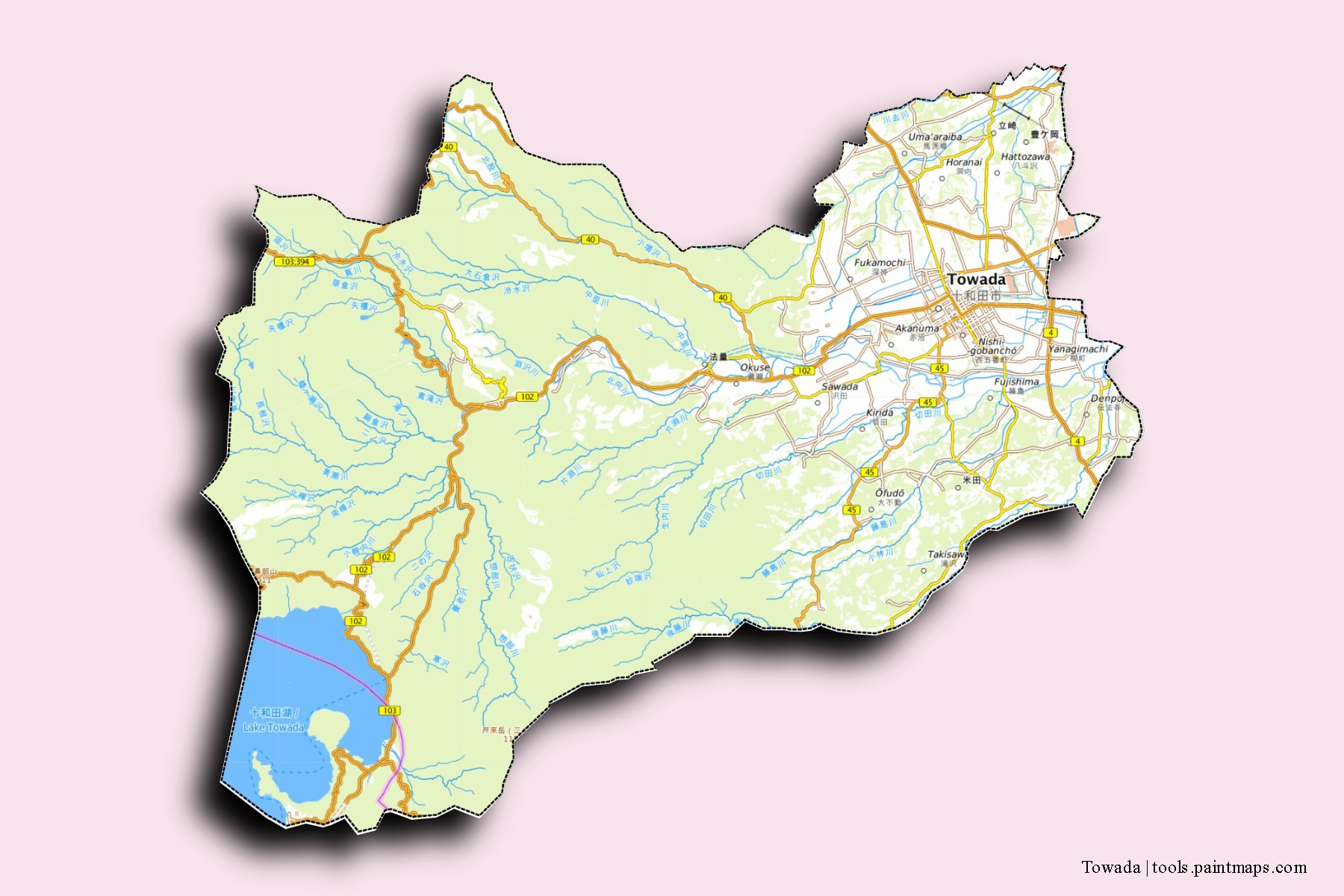 Mapa de barrios y pueblos de Towada con efecto de sombra 3D