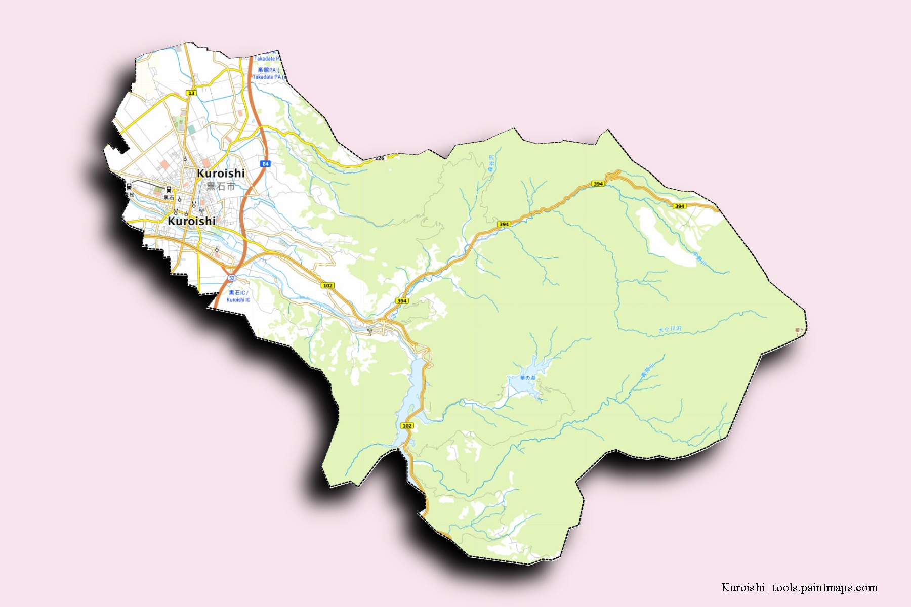 Mapa de barrios y pueblos de Kuroishi con efecto de sombra 3D