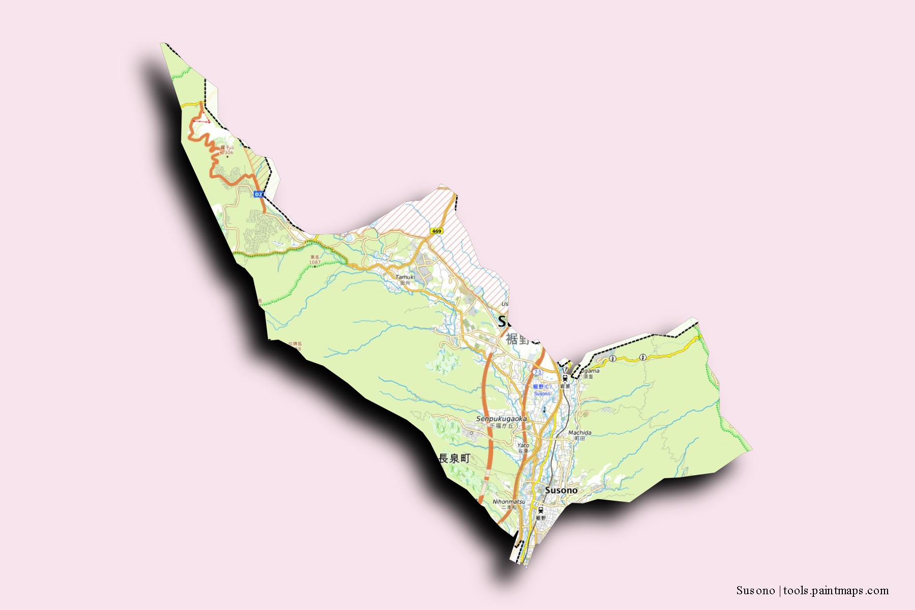 Susono neighborhoods and villages map with 3D shadow effect