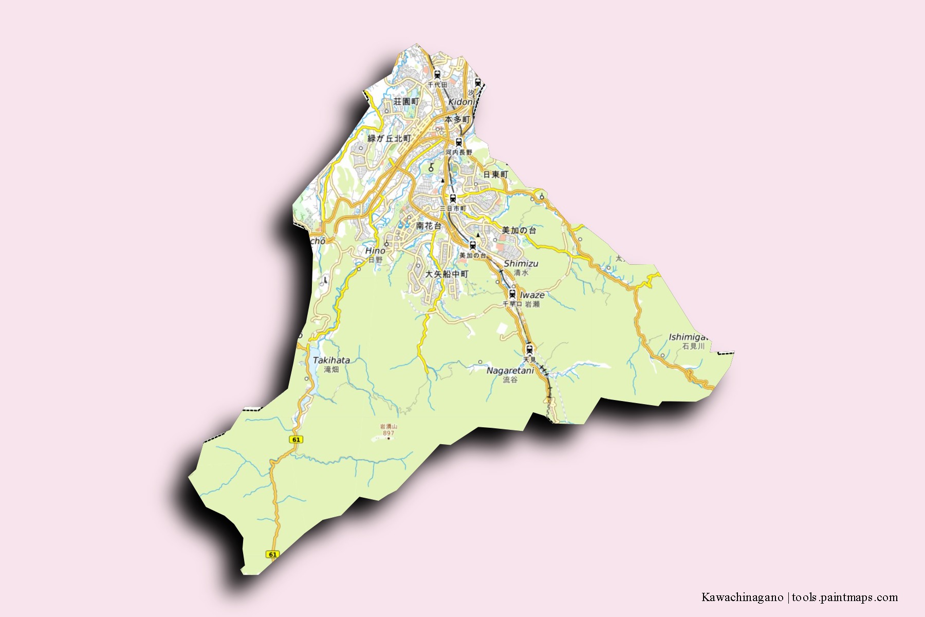 Mapa de barrios y pueblos de Kawachinagano con efecto de sombra 3D