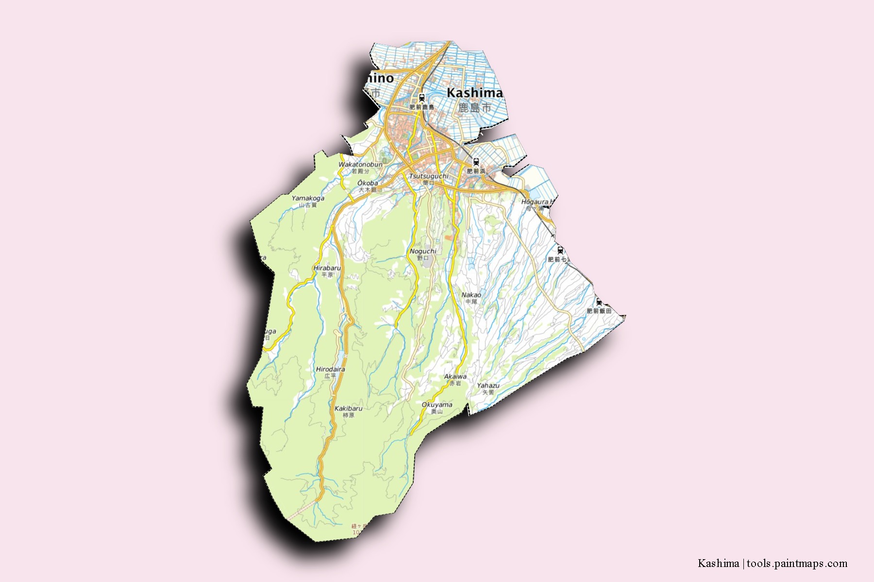 3D gölge efektli Kashima mahalleleri ve köyleri haritası