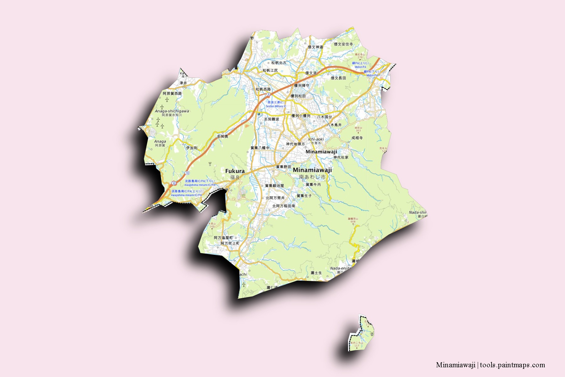 Mapa de barrios y pueblos de Minamiawaji con efecto de sombra 3D