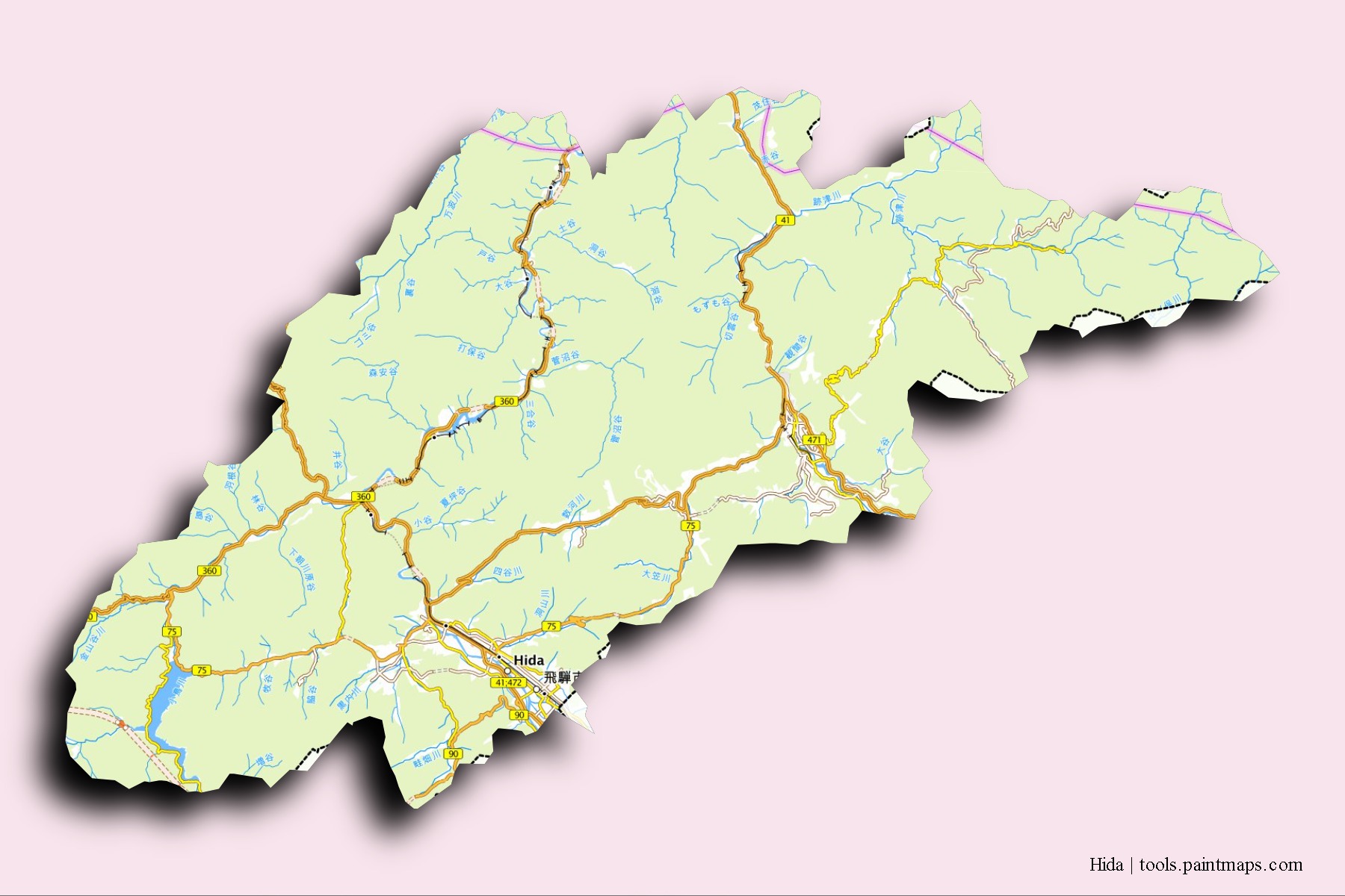 Mapa de barrios y pueblos de Hida con efecto de sombra 3D