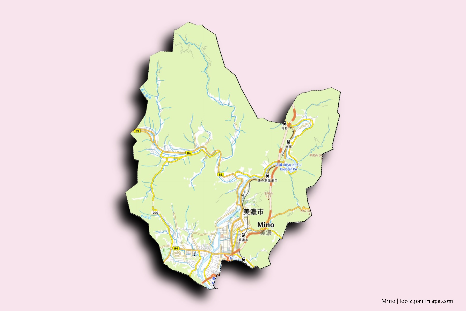 Mapa de barrios y pueblos de Mino con efecto de sombra 3D