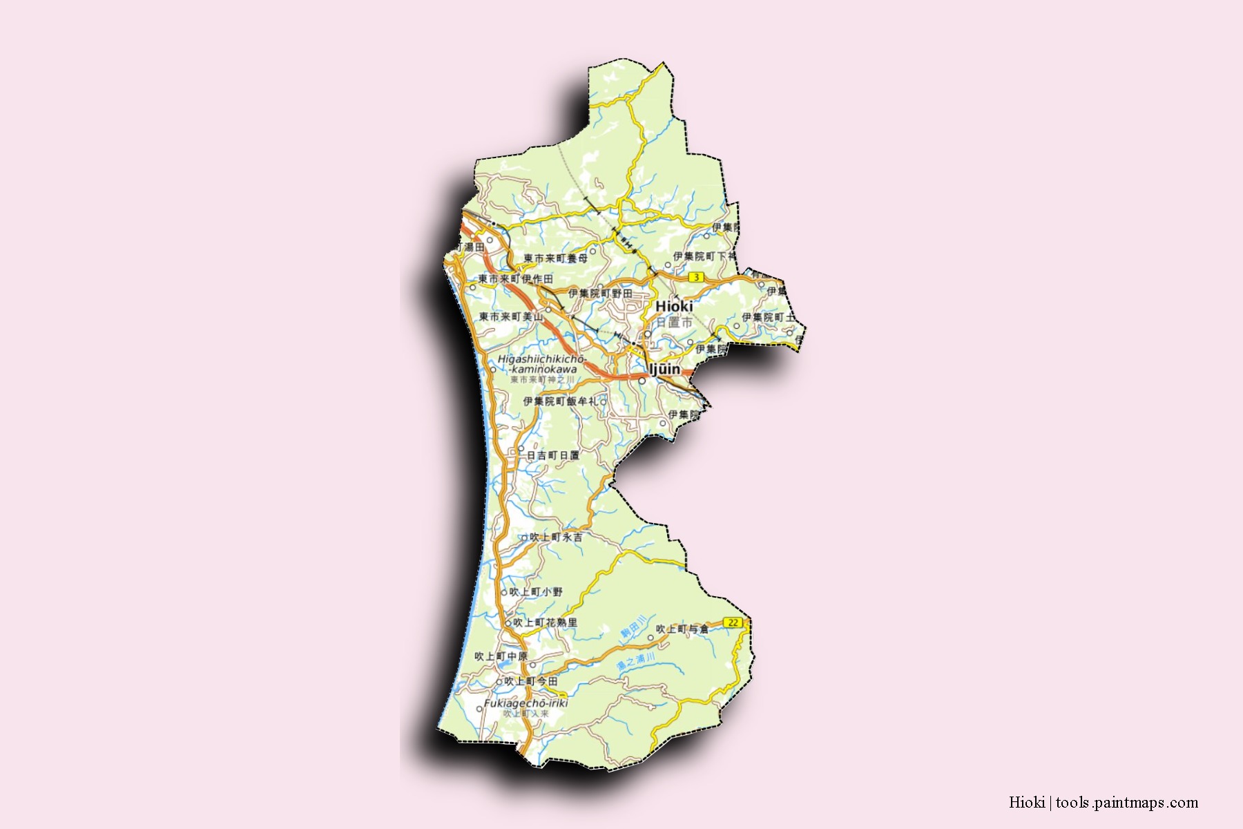 Mapa de barrios y pueblos de Hioki con efecto de sombra 3D