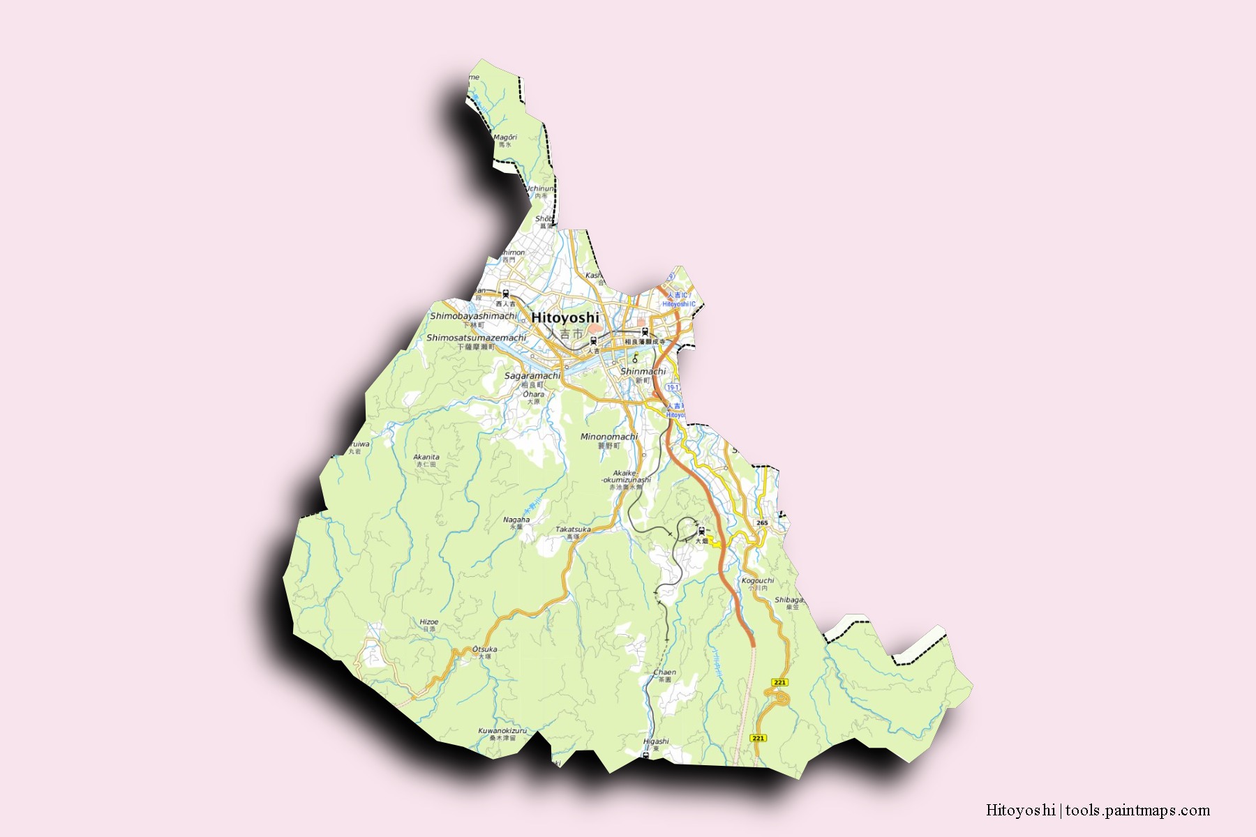 Hitoyoshi neighborhoods and villages map with 3D shadow effect