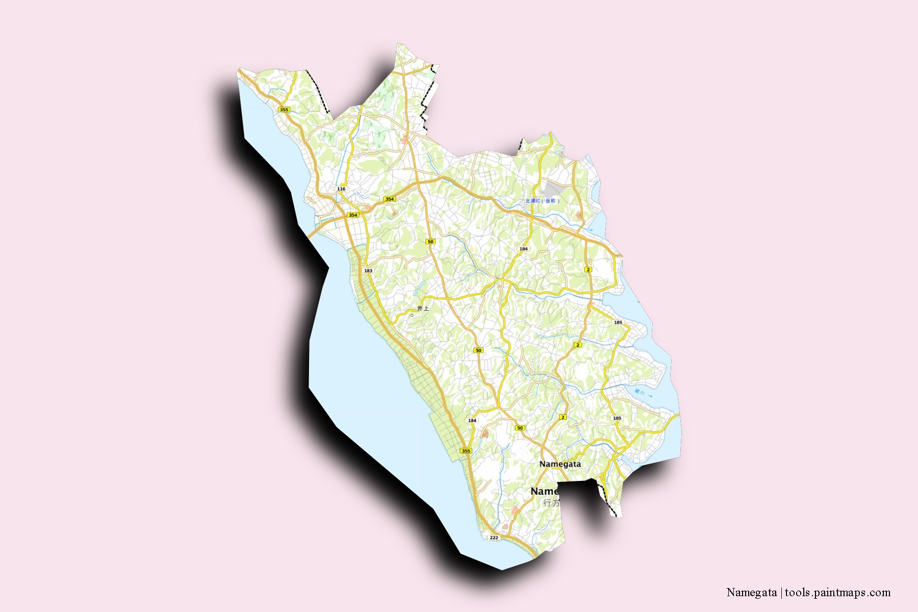 Mapa de barrios y pueblos de Namegata con efecto de sombra 3D