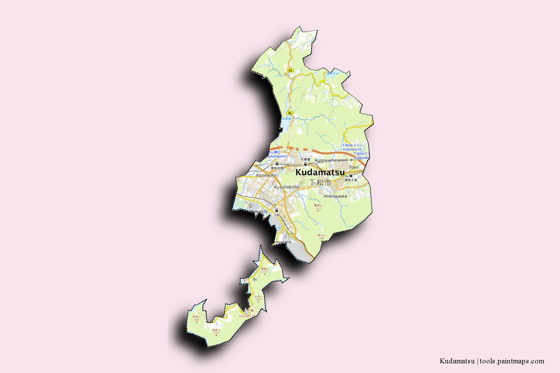 Mapa de barrios y pueblos de Kudamatsu con efecto de sombra 3D