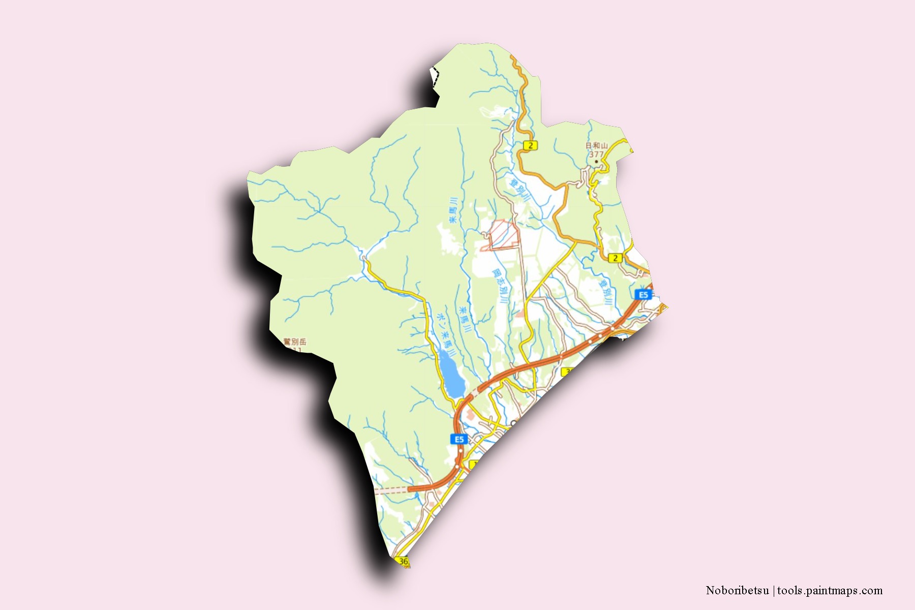 Mapa de barrios y pueblos de Noboribetsu con efecto de sombra 3D