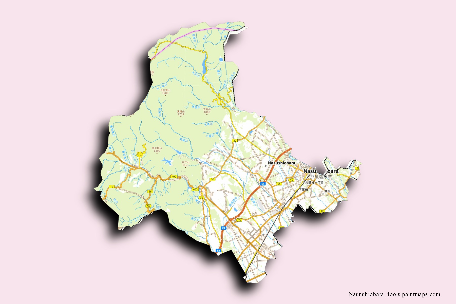 3D gölge efektli Nasushiobara mahalleleri ve köyleri haritası