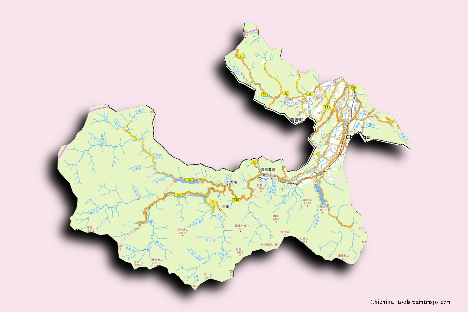 Mapa de barrios y pueblos de Chichibu con efecto de sombra 3D