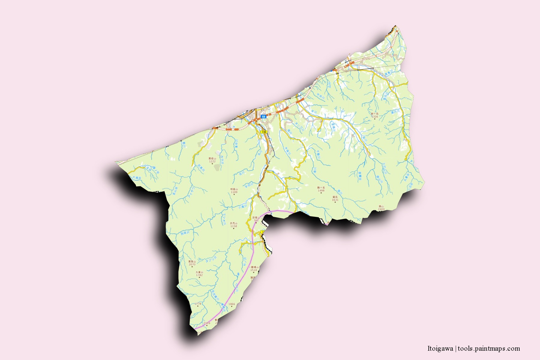 Mapa de barrios y pueblos de Itoigawa con efecto de sombra 3D