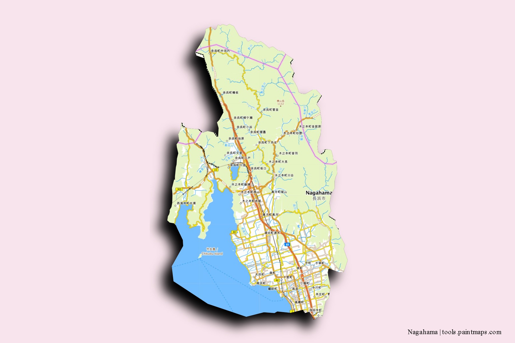 Mapa de barrios y pueblos de Nagahama con efecto de sombra 3D