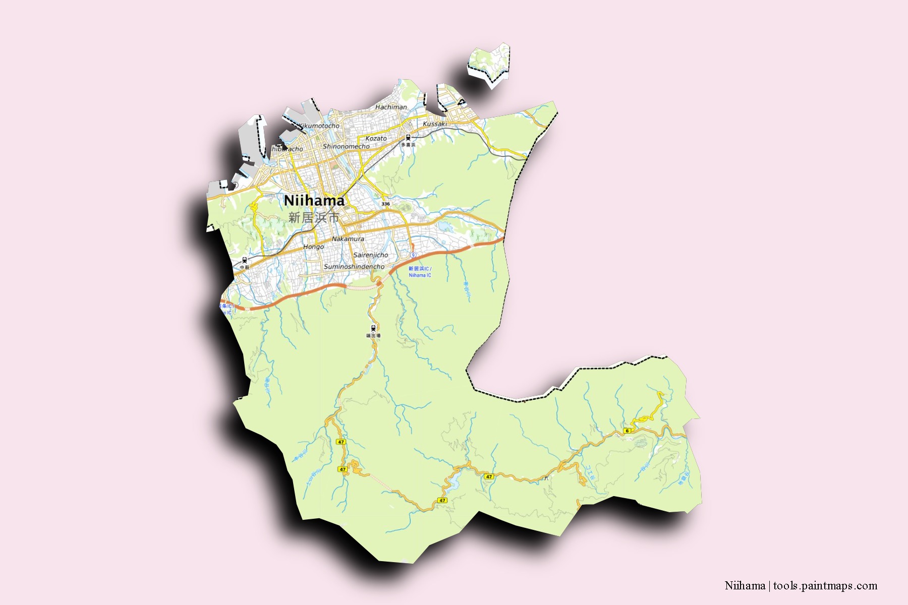 Mapa de barrios y pueblos de Niihama con efecto de sombra 3D