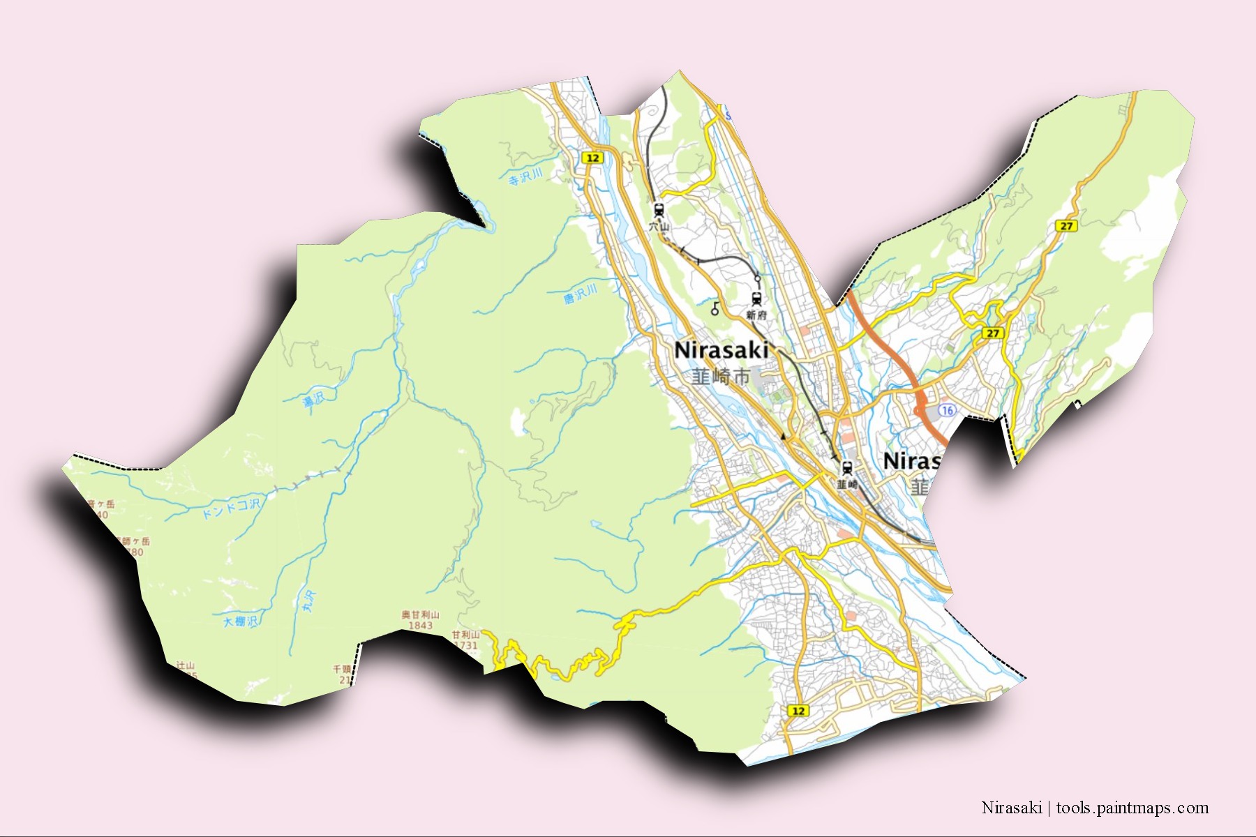 Mapa de barrios y pueblos de Nirasaki con efecto de sombra 3D