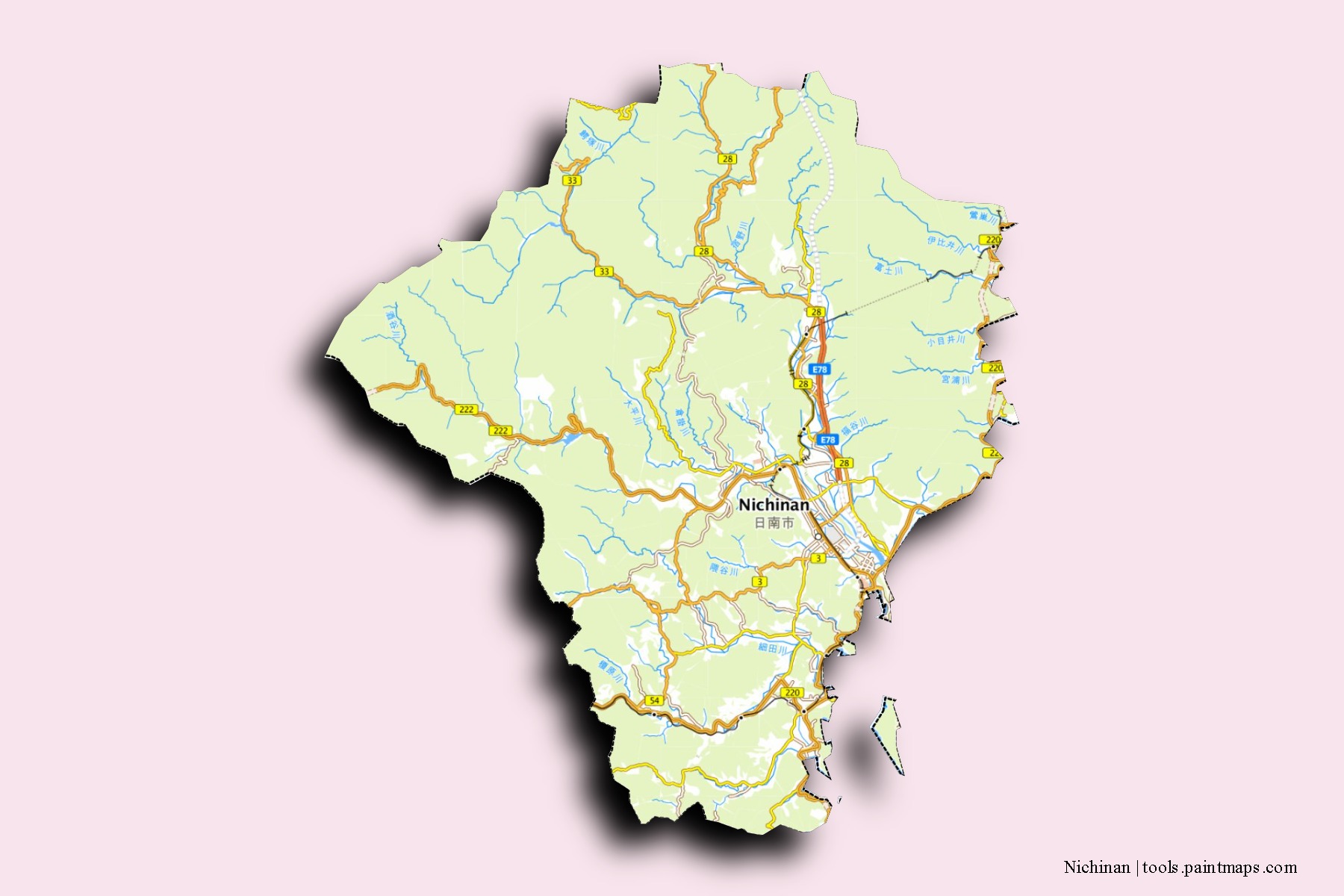 Nichinan neighborhoods and villages map with 3D shadow effect