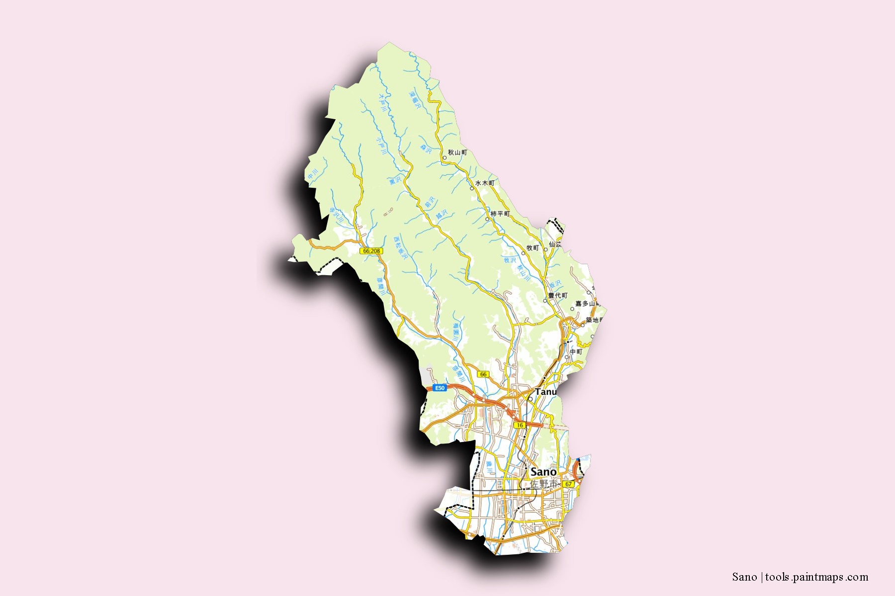 Mapa de barrios y pueblos de Sano con efecto de sombra 3D