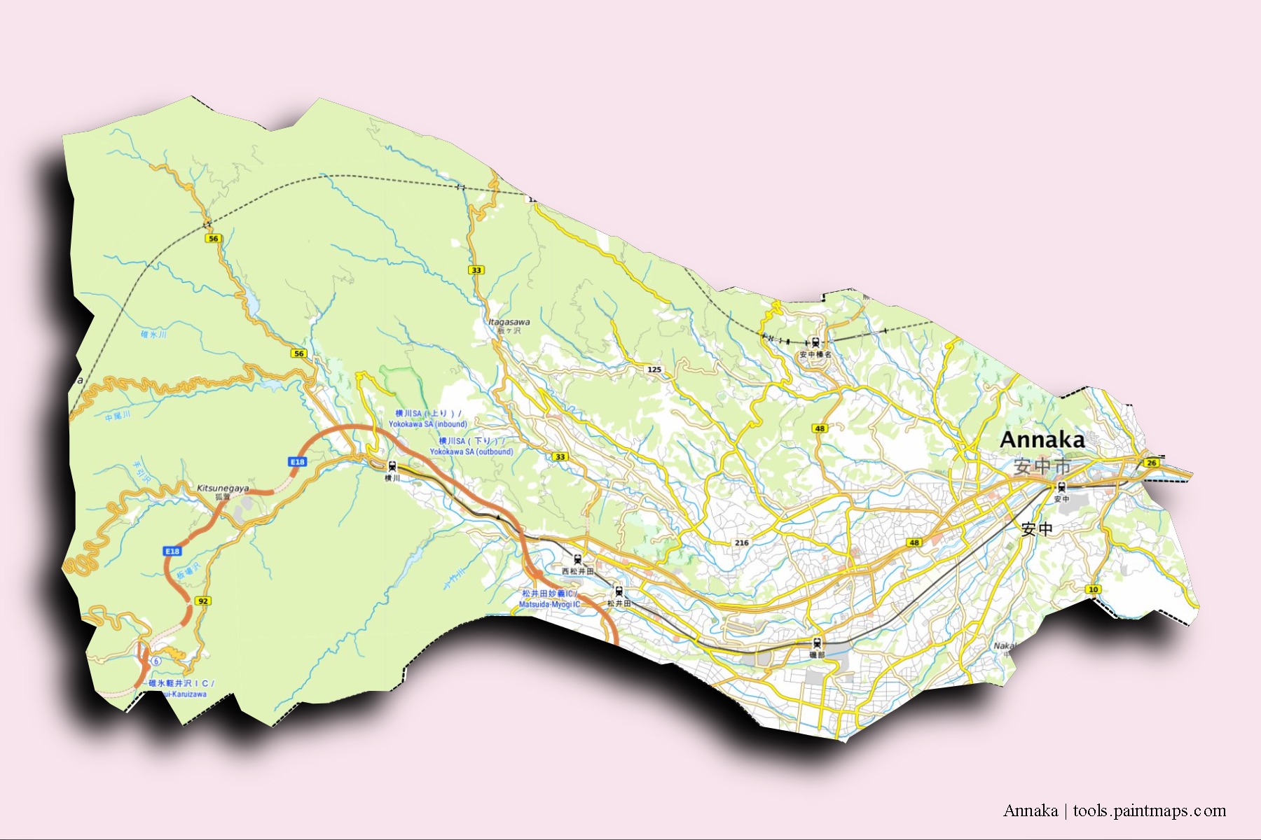 Mapa de barrios y pueblos de Annaka con efecto de sombra 3D