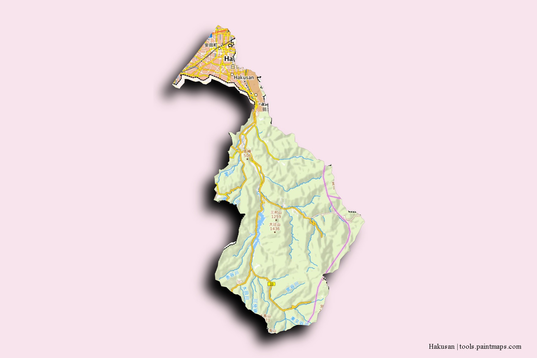 Mapa de barrios y pueblos de Hakusan con efecto de sombra 3D