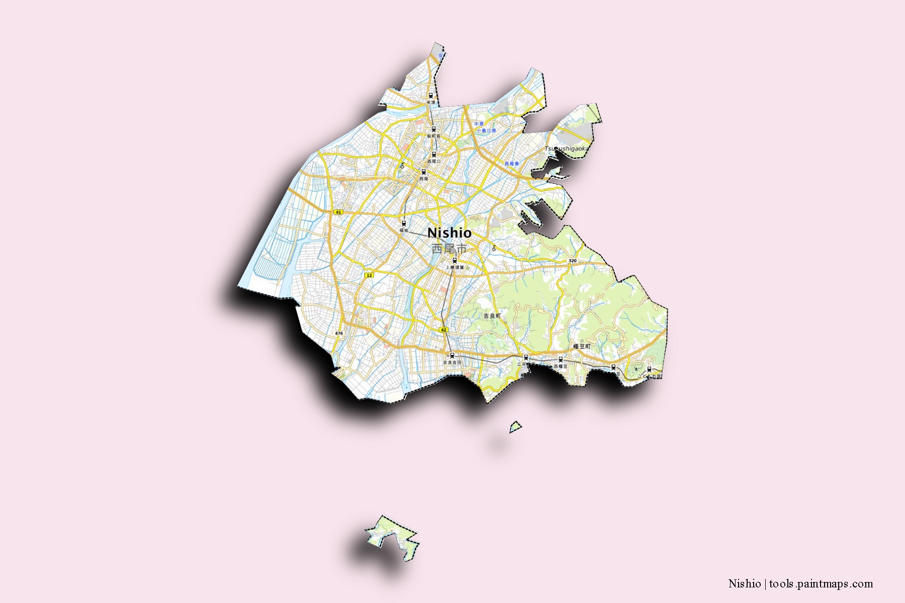 Mapa de barrios y pueblos de Nishio con efecto de sombra 3D